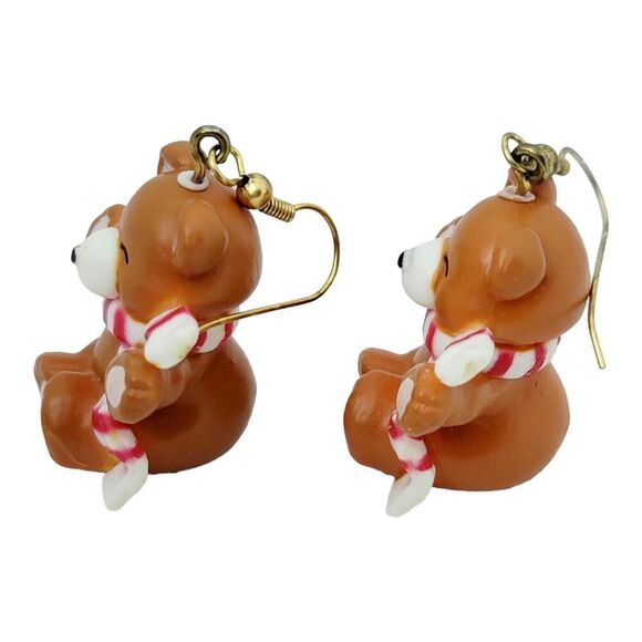 Vintage Small Resin Teddy Bear Earrings Wearing Candy Cane Scarf Christmas - Picture 2 of 6